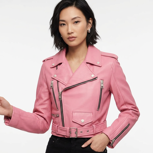 Womens Real <b>Pink</b> Leather Biker <b>Jacket</b> Belted Waist Asymmetrical Zip Lapel Collar Sheepskin Motorcycle Coat Custom Short Outwear - Product Image 1