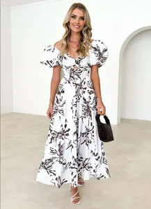 European And American Spring Summer New Style Slim Printed Puff Sleeves Boho Dress Swing High Casual Dress For Women