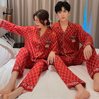 Pyjamas de couple style coréen à manches longues en soie glacée, printemps-automne, grande taille homme, motif vache de dessin animé fin pour femme 1081