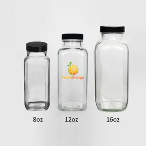 Wholesale 8 unzen 12 unzen 16 unzen Custom Logo Clear Glass French Square Press Cold Juice Bottles