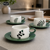 Set Cangkir Kopi Keramik Lukis Tangan Motif Bunga Gaya Nordic SWT, Piring Petal Mengembang, Mug Teh, Hadiah Lucu untuk Rumah, Kantor, Kafe