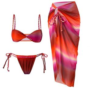 2026 Magnifique ensemble de maillot de bain 3 pièces pour femme, coupe coquine, bleu tie-dye irrégulier, avec corde tressée et dos nu à nouer - Product Image 2