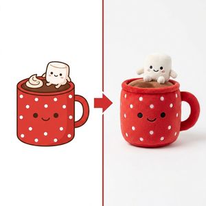 Çizgi Film Sıcak Çikolata Bardağı Maskotu Peluş Beyaz Benekli Dış Yüzey Ayrı Marshmallow Figürü Özel Peluş OEM İçecek Tasarımı - Product Image 1