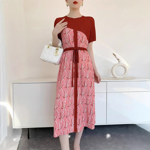 Vestido Midi de Verano Estilo Francés, Holgado, con Cuello Redondo, Plisado, con Patrón Geométrico Vintage, de Poliéster, Estilo <span class=keywords><strong>Issey</strong></span> <span class=keywords><strong>Miyake</strong></span> de Alta Gama - Product Image 1
