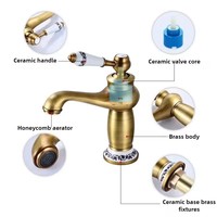 Robinet de lavabo rétro européen doré avec décorations en céramique, finition chromée, monocommande chaud/froid, à poser sur le comptoir