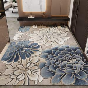 Tapis d'entrée floral rectangulaire en fibre de polyester antidérapant pour la maison, motif bleu brocart ciel - Product Image 1