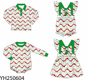 Personalizado árboles de Navidad pastel estampado niños volantes arcos vestido bebé burbuja mameluco bebé niños Polo camisa hermano combina ropa - Product Image 1