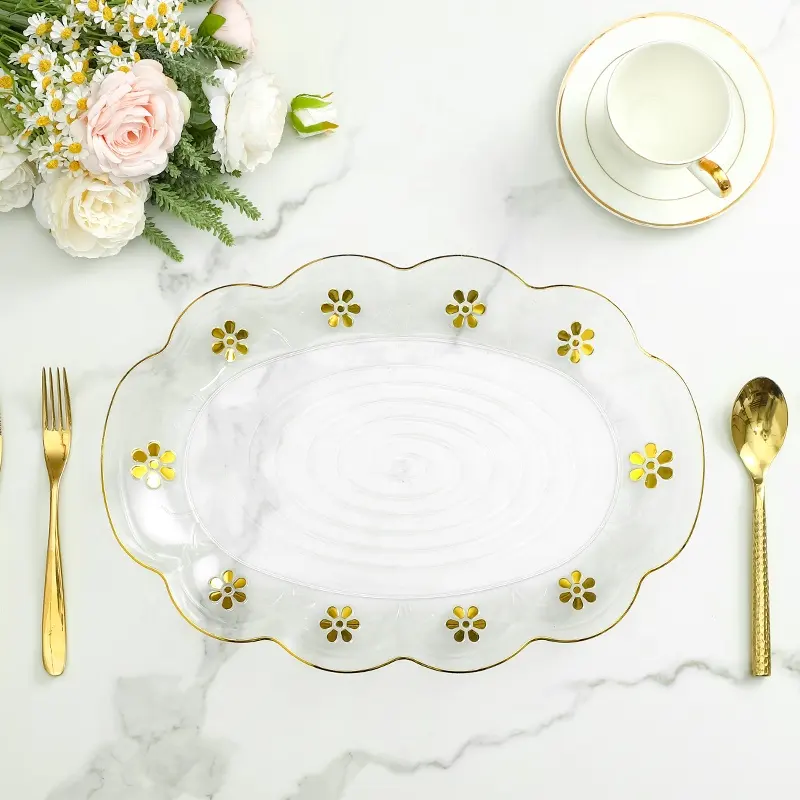 Assiette en plastique décorative pour fête de mariage, bord de fleur dorée, ovale transparente et incassable pour animaux de compagnie
