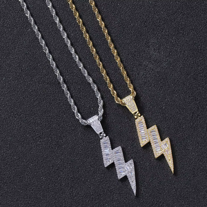 3-Row Iced Out Bolt Pendant, Men's Hip Hop CZ <b>Statement</b> <b>Necklace</b> for Clubbing & Streetwear - Product Image 4