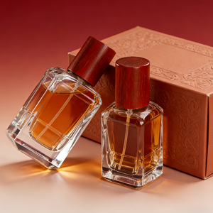 Flacon de parfum élégant et raffiné en verre transparent épais de 30 ml et 50 ml, vide, pour emballage de parfum de <span class=keywords><strong>mariage</strong></span>, avec bouchon en bois - Product Image 1