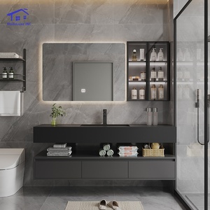 Black marble bathroom vanity smart mirror cabinet washbasin wall-mounted cabinet PVC waterproof - Product Image 3