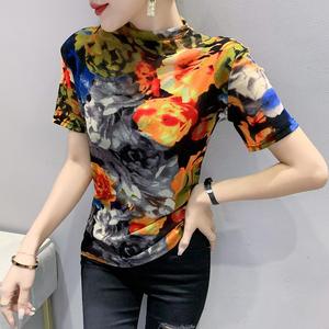 T-shirt Estiva da <span class=keywords><strong>Donna</strong></span> a Mezza Collo Alto, Stampata, Slim Fit, Elasticizzata, in Rete, a Maniche Corte - Product Image 2
