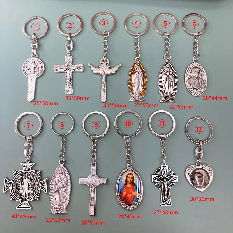 Venta caliente personalizado Virgen María Jesús St.Joseph Divine Mercy St.Benedict St.Michael Lourdes Guadalupe colgante llavero