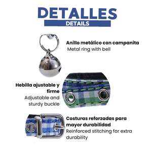 Collare Regolabile per Gatti Yommy, Blu a Quadri con Campanello, Accessorio per Animali in Morbido Nylon - Product Image 6