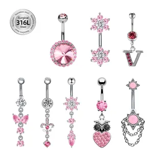 Wholesale Pink Dangle 316L Steel Bowknot Navel Rings Cubic Zirconia Cute Belly Button Rings Belly Bars Body Piercing Jewelry