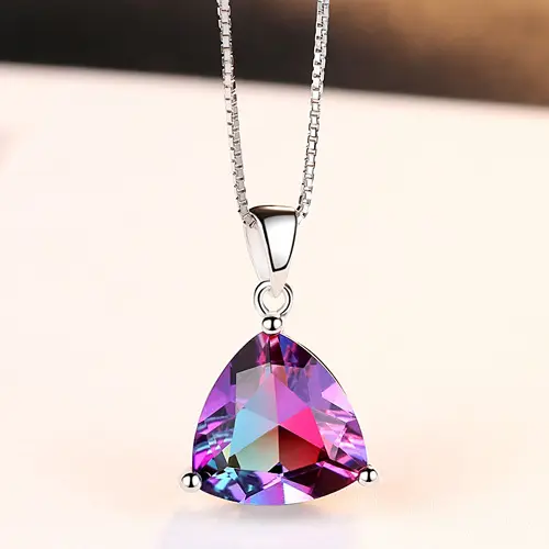 Delicate 925 Silver Triangle Rainbow Gemstone Pendant Necklace Sterling Silver Fire Topaz Choker Necklaces For Women