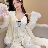 Pyjama femme en velours ondulé doux style luxe léger, épais et chaud pour l'hiver, avec dentelle, 3 pièces