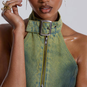 Top da donna alla moda con fibbia in stile Y2K da donna con chiusura a Zip in <span class=keywords><strong>Denim</strong></span> con orlo sfilacciato grezzo - Product Image 5