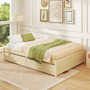Marco de cama de madera de tamaño Queen, 2 cajones de almacenamiento con ruedas tallados a mano, cama doble de madera maciza para dormitorio, muebles para el hogar - Product Image 2