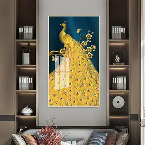 Fournisseur d'usine, œuvre d'art personnalisée en pop art, plumes <span class=keywords><strong>de</strong></span> <span class=keywords><strong>paon</strong></span>, décoration intérieure, oiseaux paons, animaux, art mural en verre cristal, <span class=keywords><strong>peinture</strong></span> <span class=keywords><strong>de</strong></span> paysage - Product Image 1