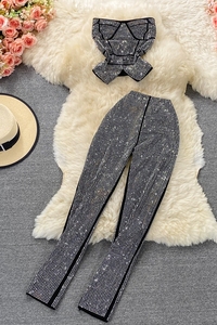 Women Y2k Casual Solid Short <b>Sequined</b> Beading Strapless <b>Top</b> High Waist Pants 2-Piece Set - Product Image 6