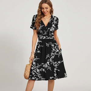Women's Boho Knitted Fitted Wrap Tie <b>Dress</b> High Waist Deep V Neck Flutter Sleeve Asymmetrical Hem Knee-Length Casual <b>Dress</b> - Product Image 1