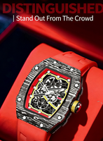 Montre à quartz de luxe pour homme, style tonneau, imprimé fibre de carbone, bracelet en silicone ultra fin de 9 mm, étanche 30 m, montre-bracelet lumineuse