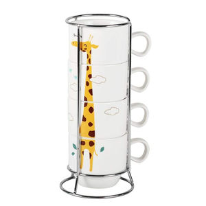 Ensemble de tasses à thé au lait en porcelaine couleur personnalisée, 4 tasses à café en céramique empilables avec motif pingouin de Noël, support métallique thermique - Product Image 5