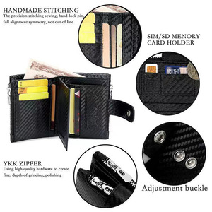 Boshiho Carbon Fiber RFID Credit Card Holder Bifold Leather Men <strong>Wallet</strong> With Double Zipper - Product Image 3