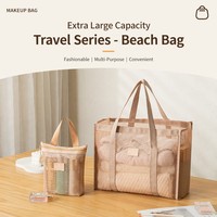 Sac de plage en filet avec cordon de serrage pour femme, léger, pochette de rangement cosmétique de voyage, organiseur portable pour articles de toilette et maquillage