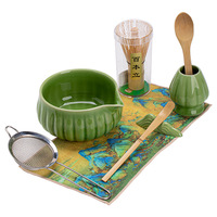 Ensemble de thé matcha en céramique moderne, glaçure effet craquelé Jade Shadow, Chawan à rebord, fouet en bambou à 100 brins, support, cuillère et tamis