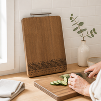 Planche de service en bois de wengé gravée au laser sur mesure, poignée en acier inoxydable, motif floral bohème, écologique, durable, ustensiles de cuisine