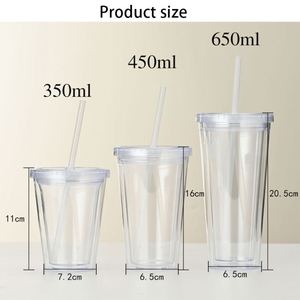 Wholesale 12oz 16oz 22oz 24oz BPA Free <b>Double</b> <b>Wall</b> Acrylic Clear Juice Water Tumbler Tea Plastic Coffee Mug with Straw and Lids - Product Image 2