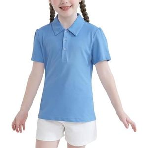 Camisa Polo Escolar para Niña, Estilo Preppy, Color Azul Claro, Manga Corta Abullonada, Tela Piqué - Product Image 1