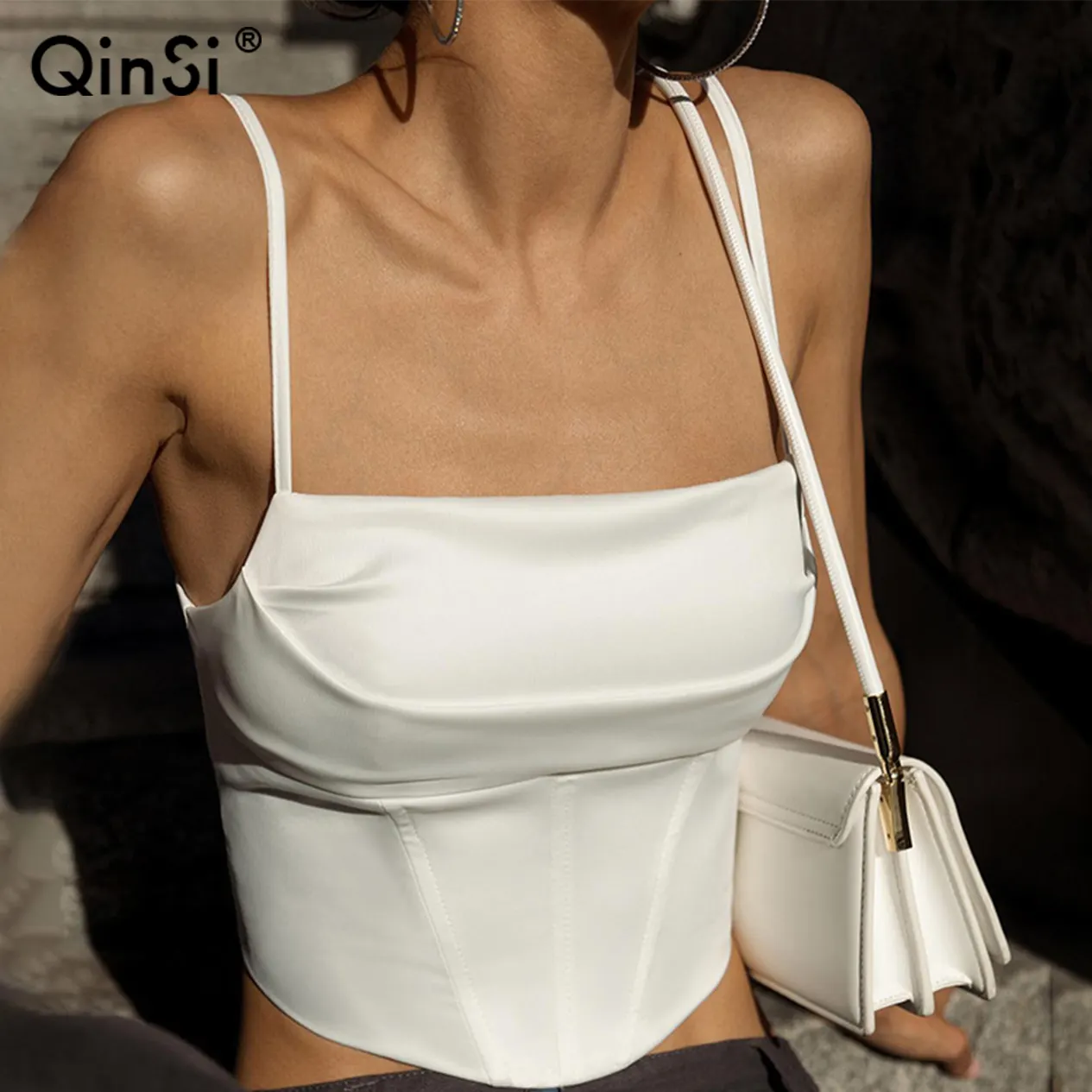 QINSI Cropped Streetwear Elegant Backless Lace Up Cami Top Corset Women Summer Outfits Sexy Bandage Straps Crop Top