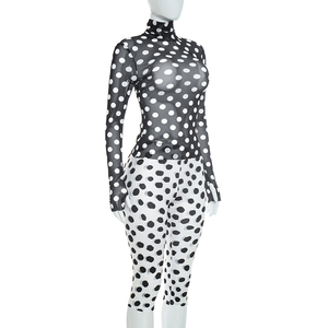 Viviblook D26ST247 Women Autumn <b>Set</b> Polka Dot Print Mesh High Neck Long Sleeved Top Cropped Pants Casual Two <b>Set</b> Pieces - Product Image 3