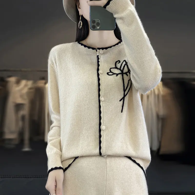 New round neck cashmere cardigan women's lace loose wool coat knitted embroidered flower sweater outside the