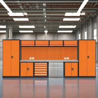 Système d'armoires de rangement modulaires PULS pour garage avec plan de travail en acier inoxydable, armoire murale, unité de tiroirs, chariot à outils pour atelier