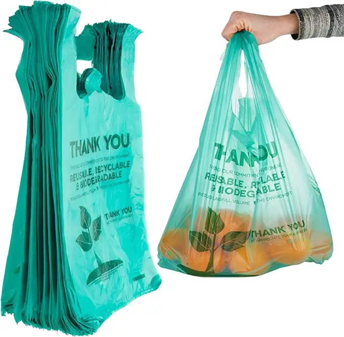 Biodegradable Plastic Grocery Bags, Reusable Supermarket Thank You Shopping Bags, Recyclable Plastic T Shirt Bags