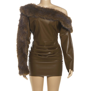 Autumn Winter New Style One-Shoulder <b>Fur</b> Collar Leather Sexy Bodycon Dress for Women Fashion - Product Image 3