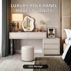 Coiffeuse à panneau de roche design simple et moderne Petite table de maquillage en verre avec miroir éclairé pour chambre à coucher, hôtel et appartement - Product Image 4