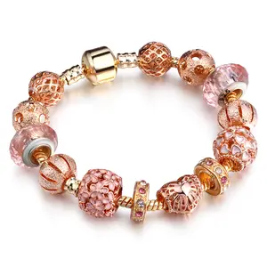 SBL Rose Gold Plated Lucky Flower Heart Design Charm Dainty Women Crystal Glass Bali Beads Beaded Snake Chain Bracelets