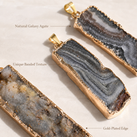 Pendentif rectangulaire en agate galaxie naturelle avec druse, bord doré, pierre brute, breloque pour femme