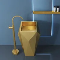 Cuvette à colonne légère en acier inoxydable de luxe, lavabo de type diamant, évier polygonal intégré monté au sol