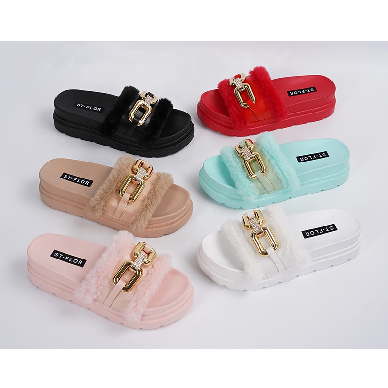 CHIC Sandal Hak Tinggi Modis RETRO Wanita, Sandal Rumah Bulu Musim Dingin Kristal Berkilau Desainer