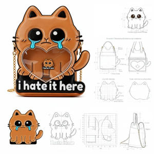 Sac Ita personnalisé en forme de chat pleurant marron, sac à main en forme de chat de dessin animé avec fenêtre en forme de cœur pour l'affichage des badges - Product Image 2