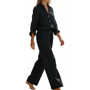 Women's Coral Shirt & Wide-Leg <b>Pants</b> 2 Piece Set - Casual Summer Outfit Breathable Coord Fashion - Product Image 3