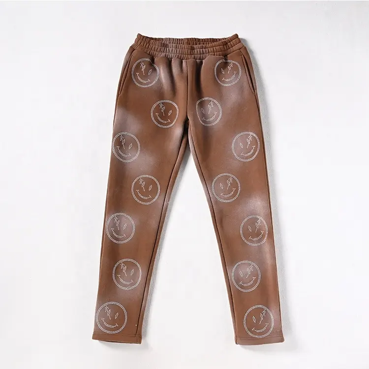 OEM personalizado con cuentas cintura elástica Vintage lavado ácido Streetwear Jogger pantalones de chándal pantalones de diamantes de imitación para los hombres