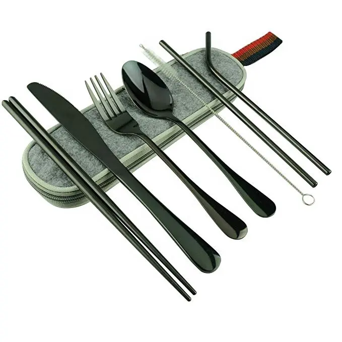 Couverts de table en titane, ustensiles réutilisables portables pour voyage de couleur noire, ensemble de vaisselle avec couteau fourchette cuillère paille baguettes brosse 8 pièces