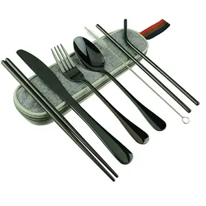 Utensilios reutilizables portátiles de viaje, vajilla de titanio de color negro con cuchillo, tenedor, cuchara, palillos de paja, cepillo